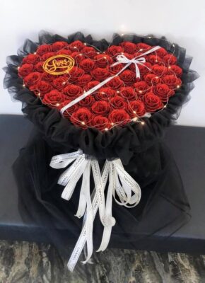 Tim nhũ voan đen + đèn + thiep + vuong mien + topper