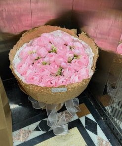 Hoa trà hồng giấy xơ dừa nâu